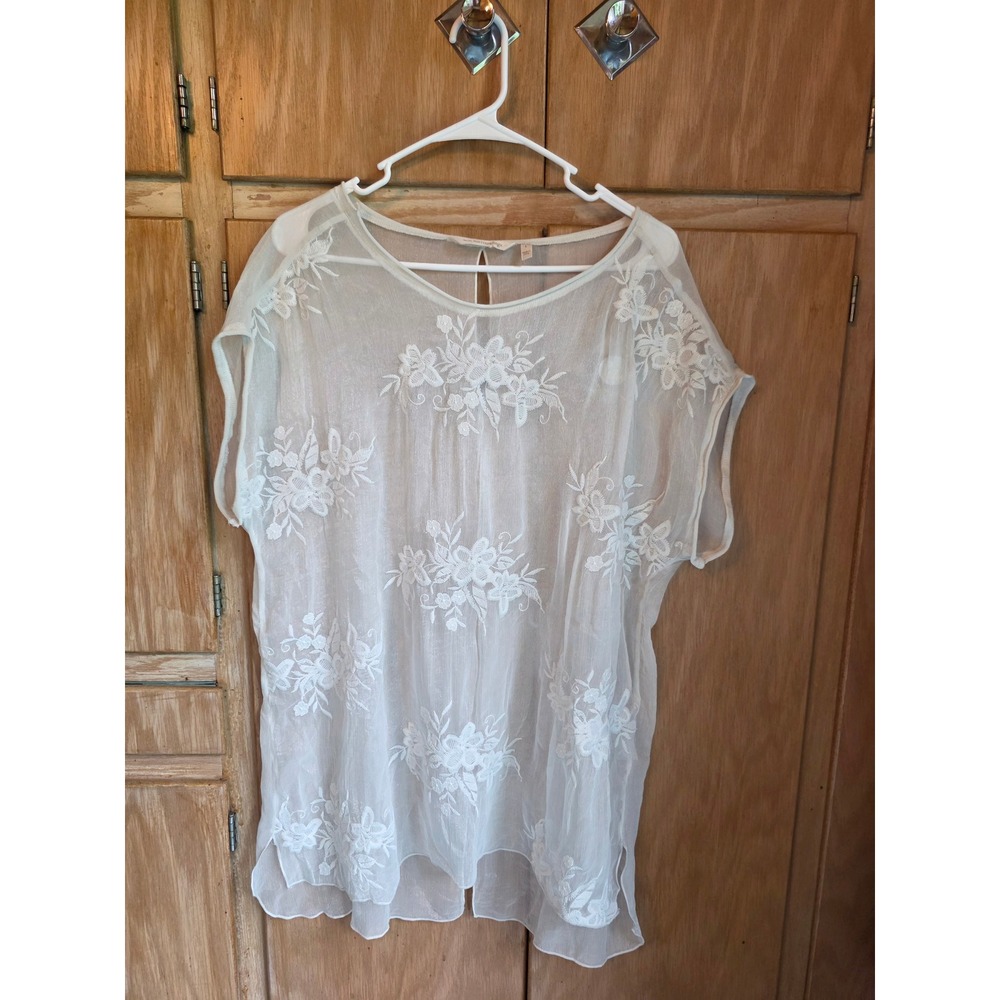 Soft Surroundings White Floral Embroidered Mesh Beach Cover Up Top Large
